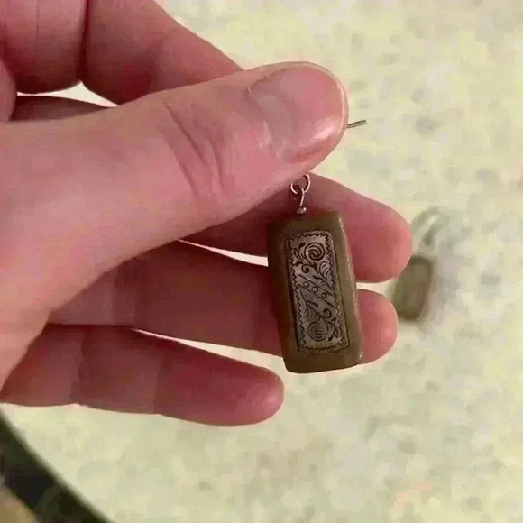 Rustic Silver and Brown Rectangle Earrings - Picture 5 of 6